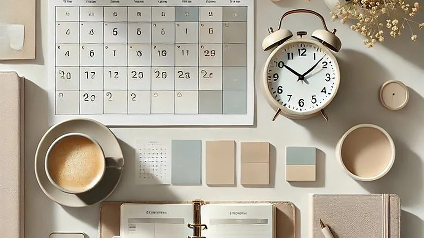 Escritorio con un calendario, un despertador y una taza de café