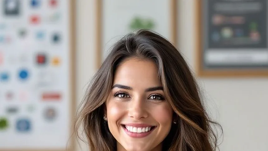 Mujer sonriendo ante un tablero con notas de colores