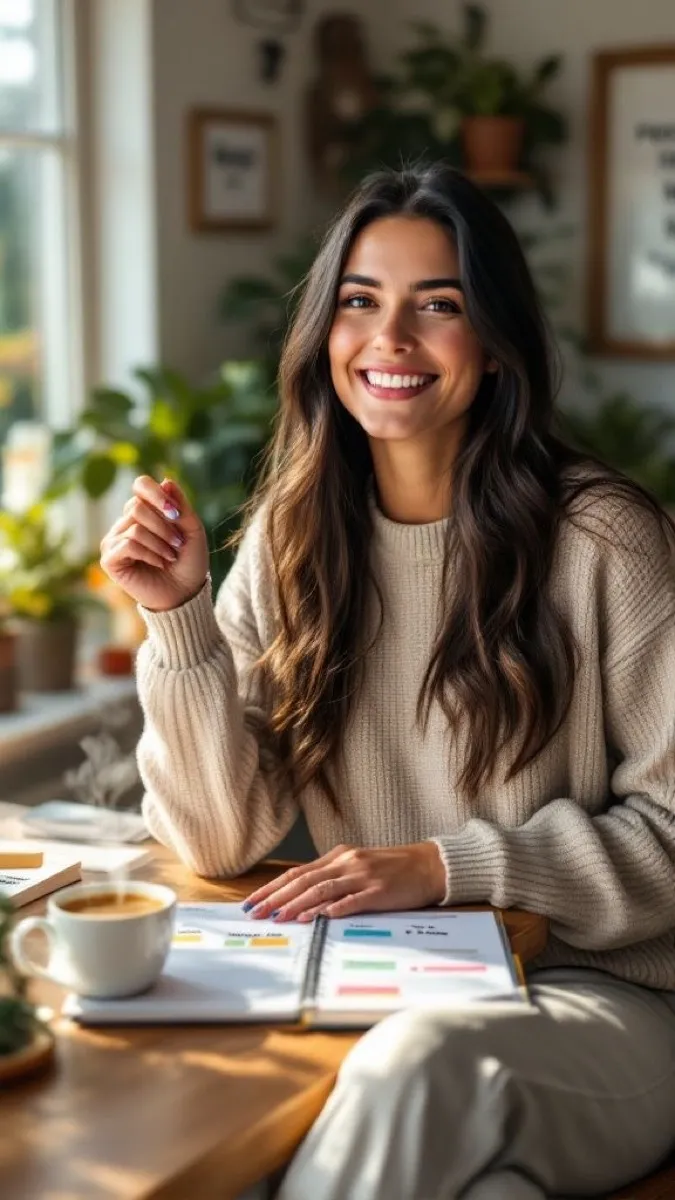 Mujer sonriendo frente a un cuaderno abierto en su casa
